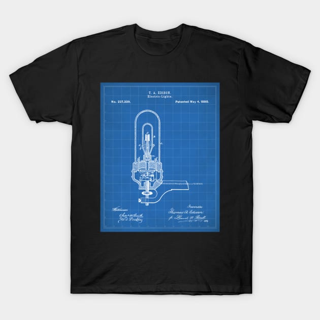 Light Bulb Patent - Industrial Design Housewarming Art - Blueprint T-Shirt by patentpress